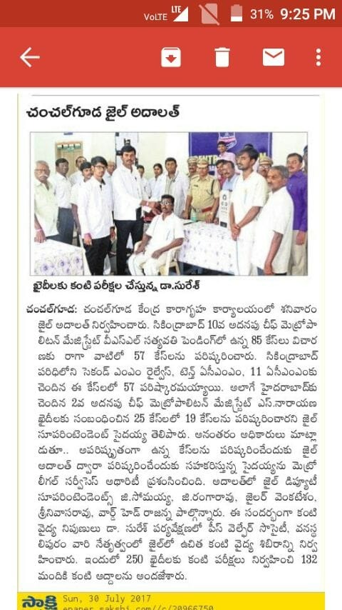 Free Eye Care Camps for Inmates at Chanchalguda Jail